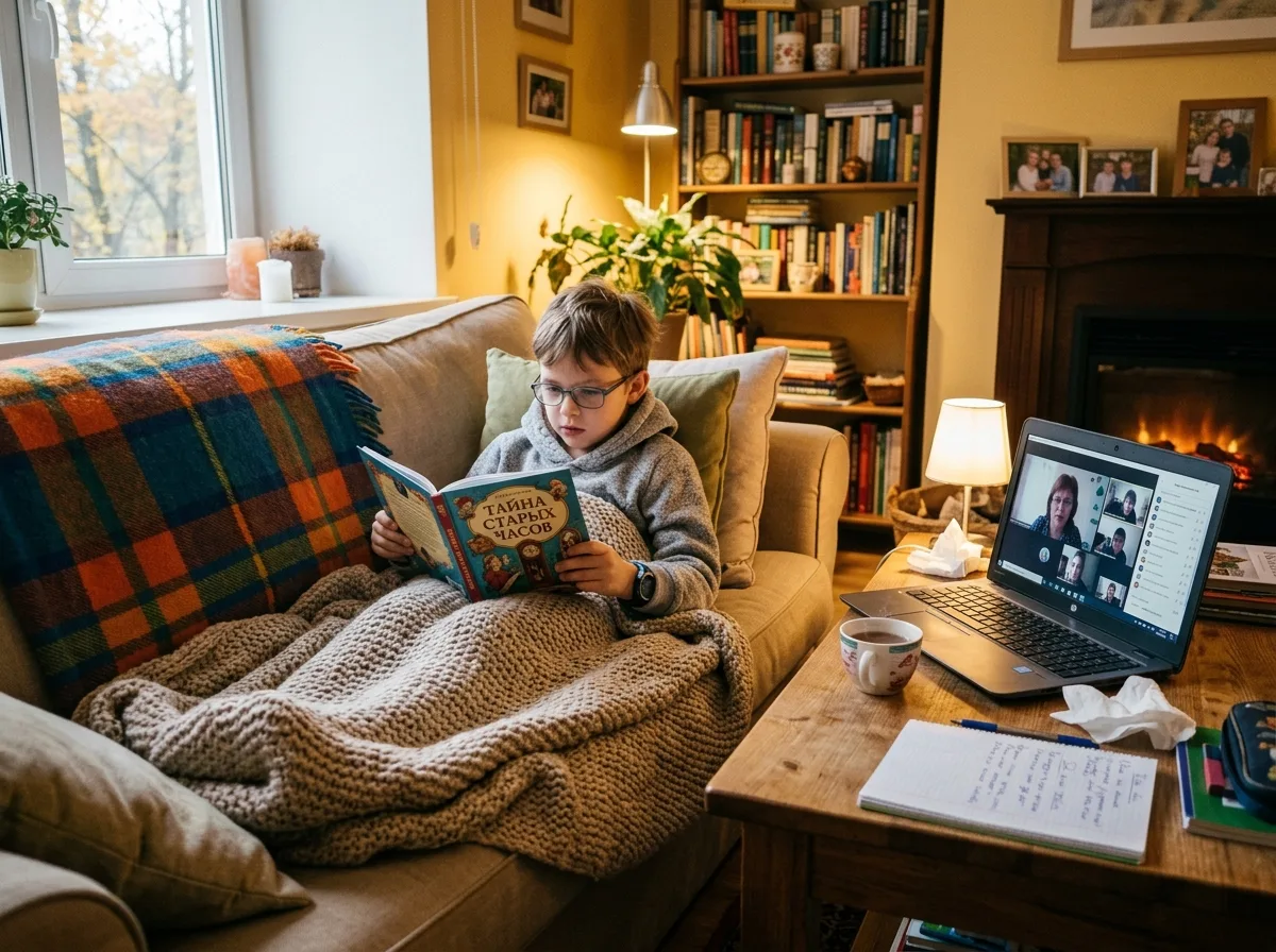 Ребёнок дома под одеялом с книгой, болеет, дистанционная учёба из дома в тёплой обстановке