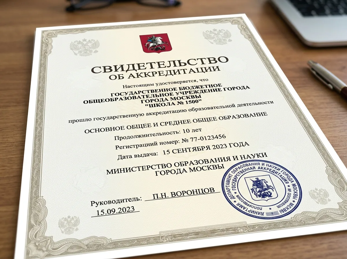 Свидетельство об аккредитации московской школы, официальный документ с печатью